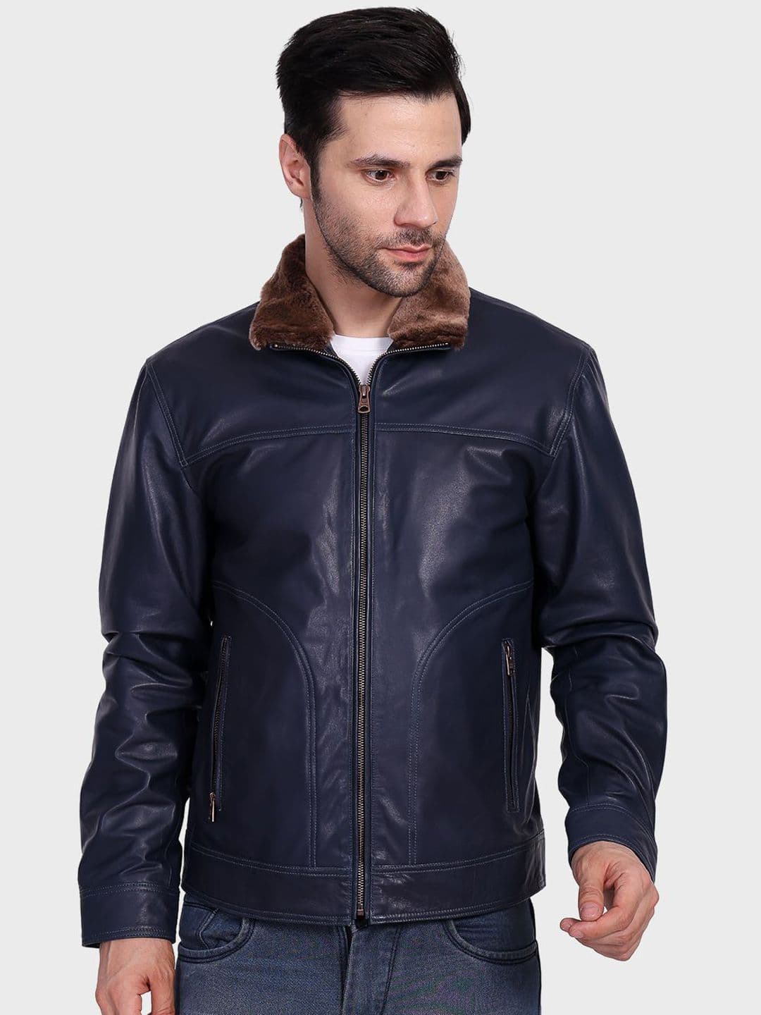 Justanned Aviator Fur Collar Solid Leather Jacket - view 1