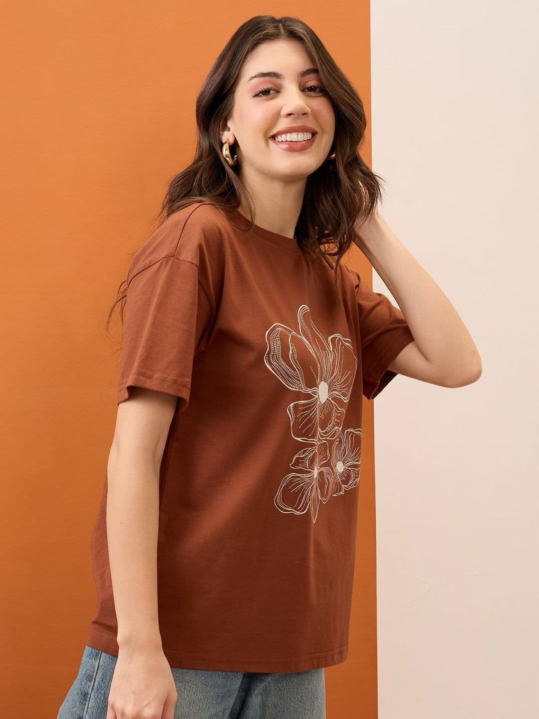 Mast & Harbour Graphic Printed Round Neck Cotton Oversized T-shirt - view 1