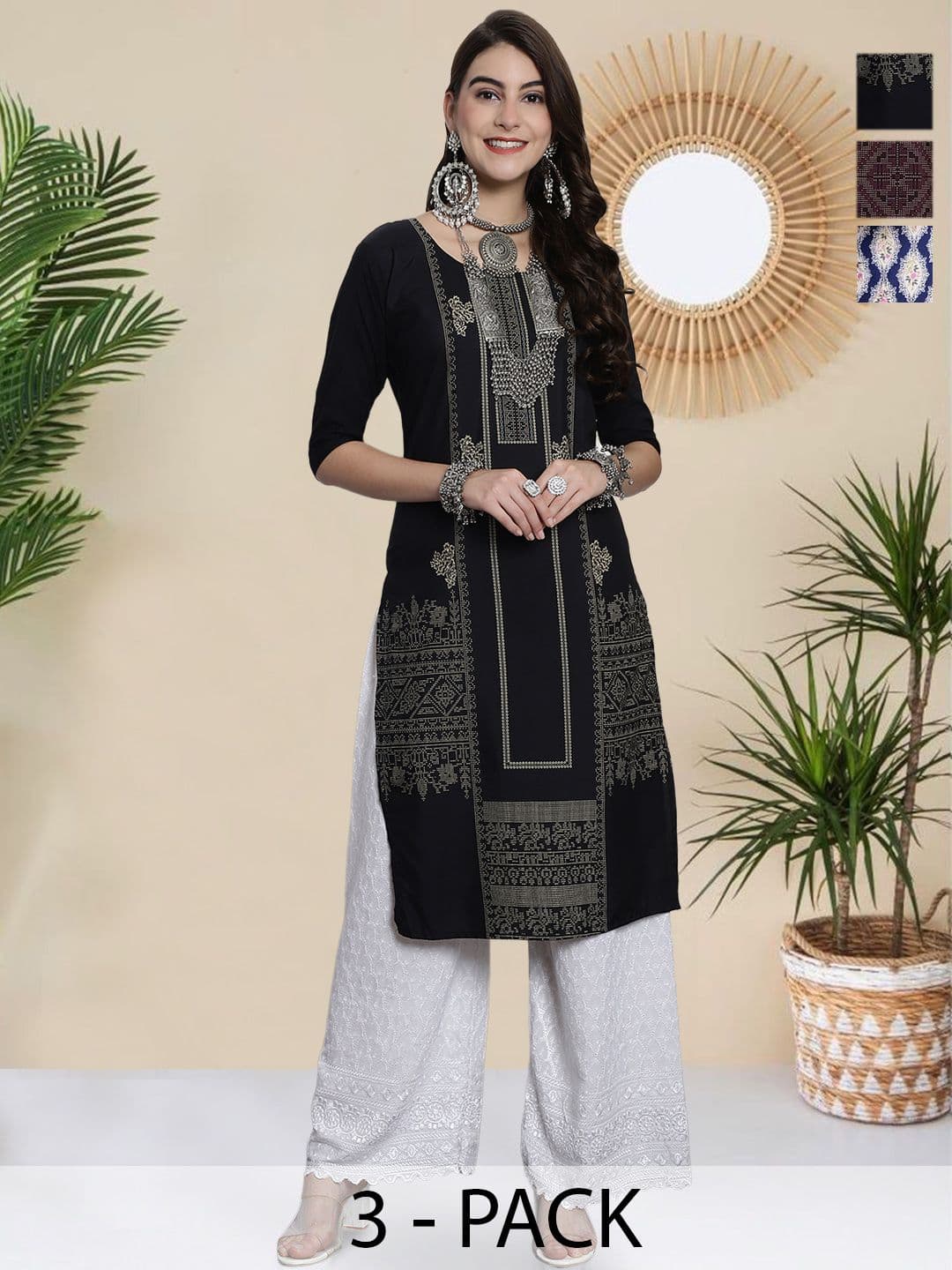 HERE&NOW Women Pack Of 3 Ethnic Motifs Printed Straight Kurtas - view 1
