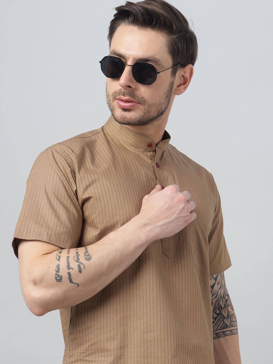Hancock Striped Band Collar Pure Cotton Straight Kurta - view 1