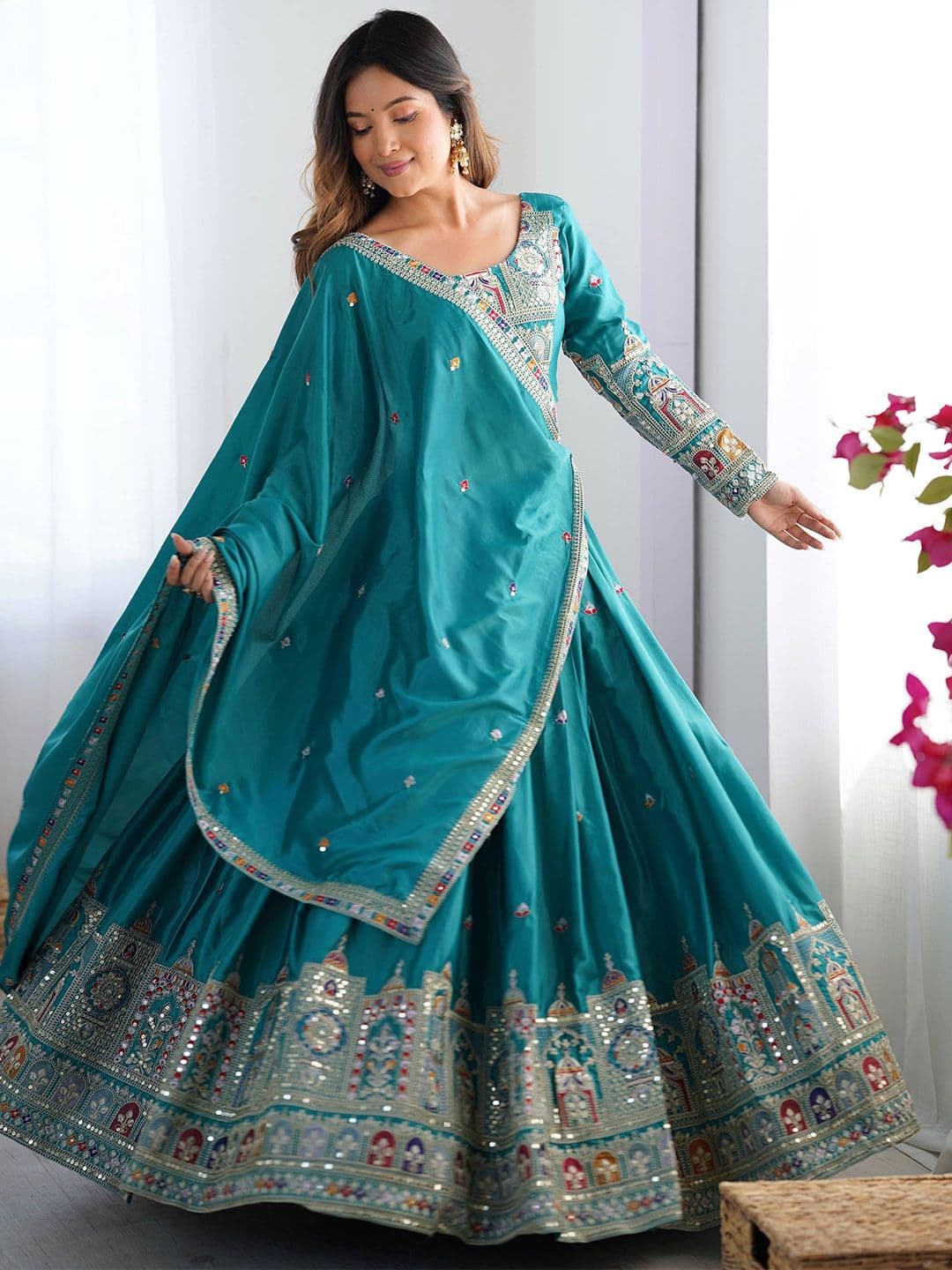 JIHU CULTURE Embroidered Sequinned Semi-Stitched Lehenga & Unstitched Blouse With Dupatta - view 1