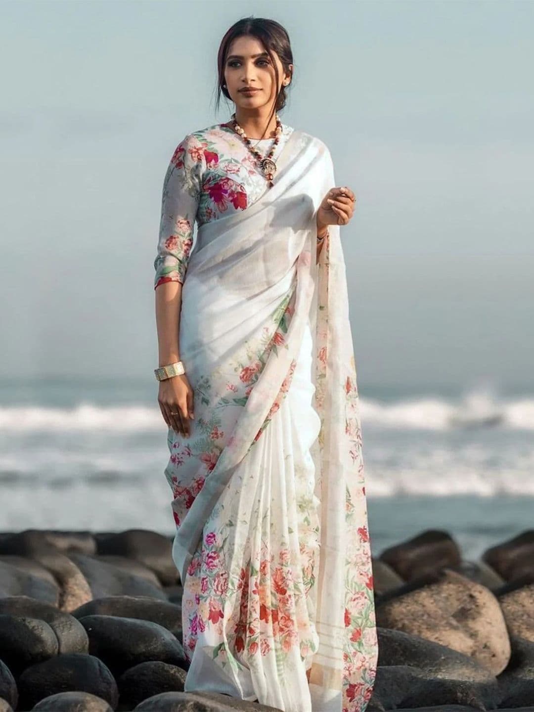 STAVA CREATION Floral Printed Zari Pure Linen Saree - view 1