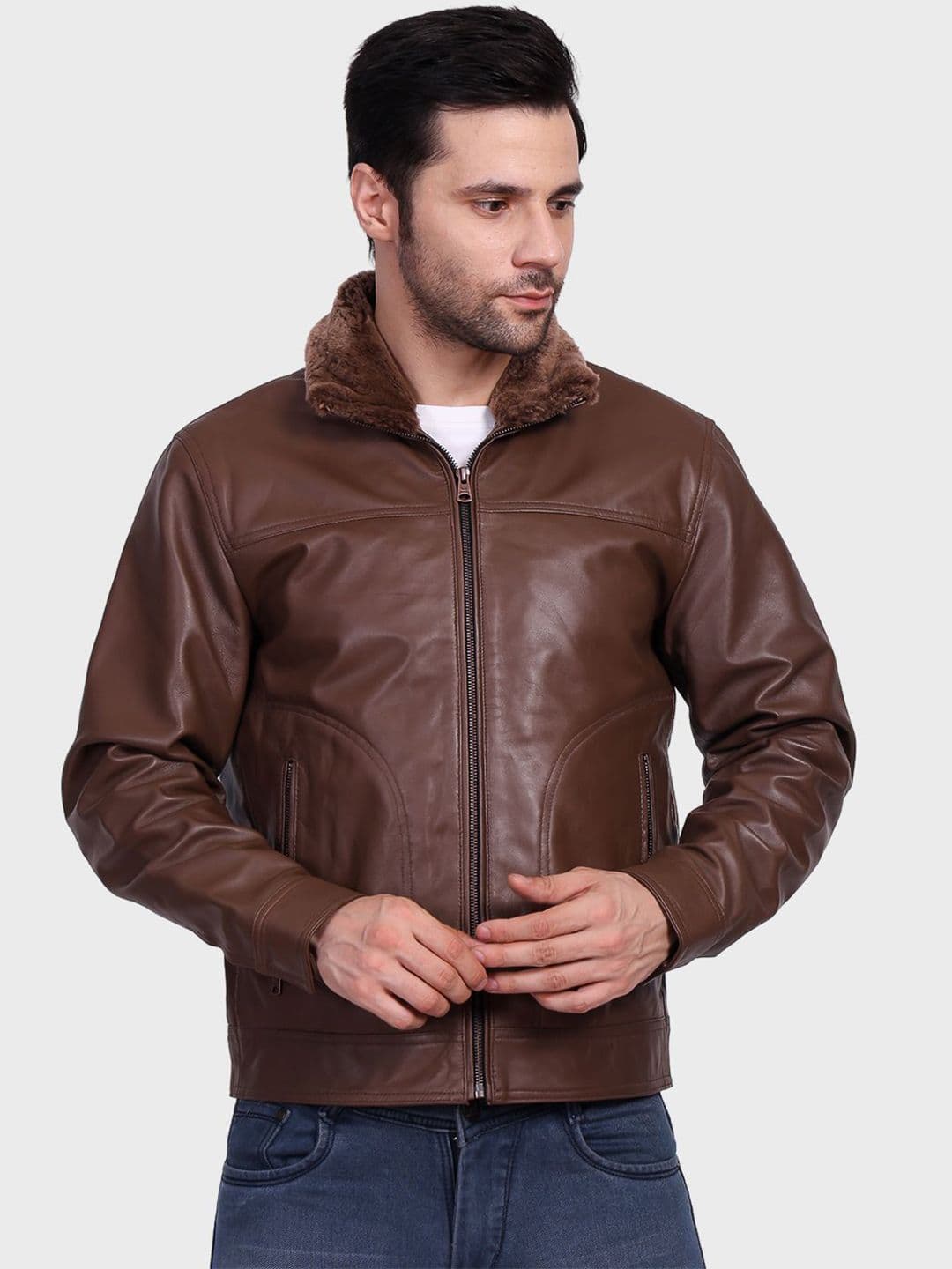 Justanned Alpine Aviator Fur Collar Solid Leather Jacket - view 1
