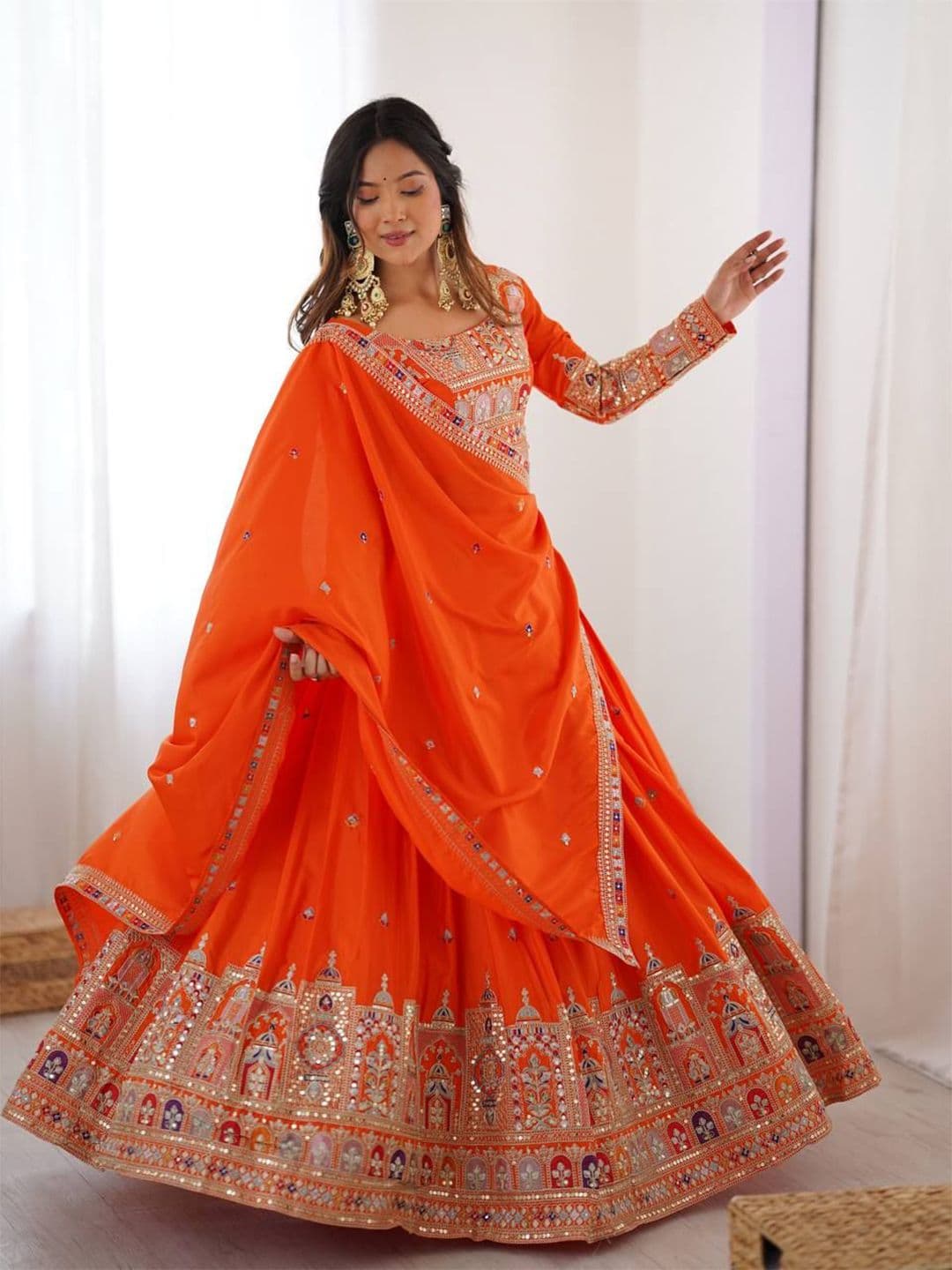 JIHU CULTURE Embroidered Sequinned Semi-Stitched Lehenga & Unstitched Blouse With Dupatta - view 1