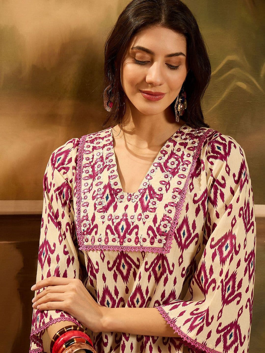 Sangria Ethnic Motifs Printed V-Neck Flared Sleeves Cotton A-Line Kurta - view 1