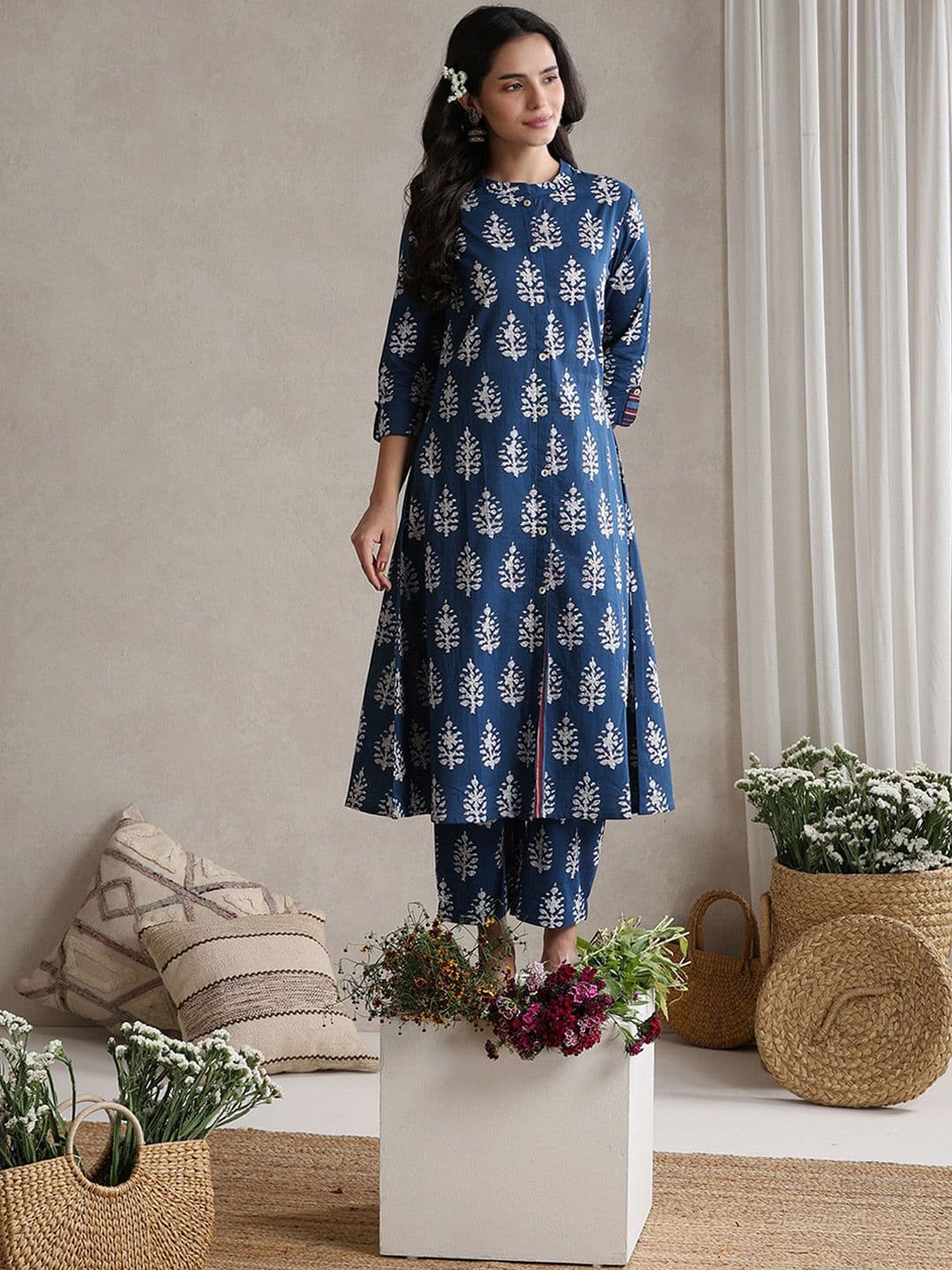 Khushal K Indigo-Bloom Printed Cotton Tunic With Trouser Co-Ords - view 1