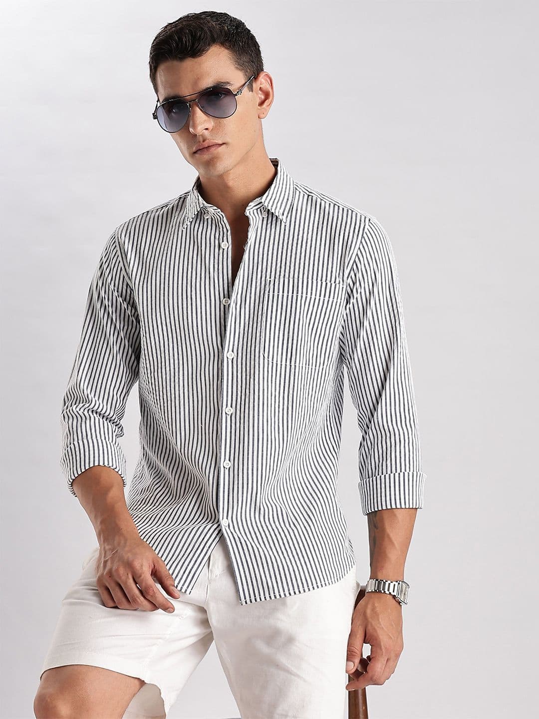 HERE&NOW Slim Fit Vertical Striped Seersucker Opaque Casual Shirt - view 1