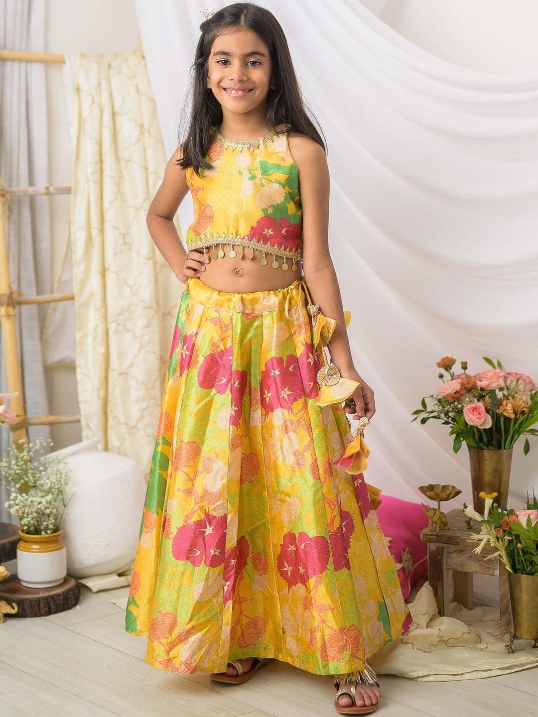 Fairies Forever Girls Printed Beads and Stones Semi-Stitched Crop Top Lehenga Choli - view 1