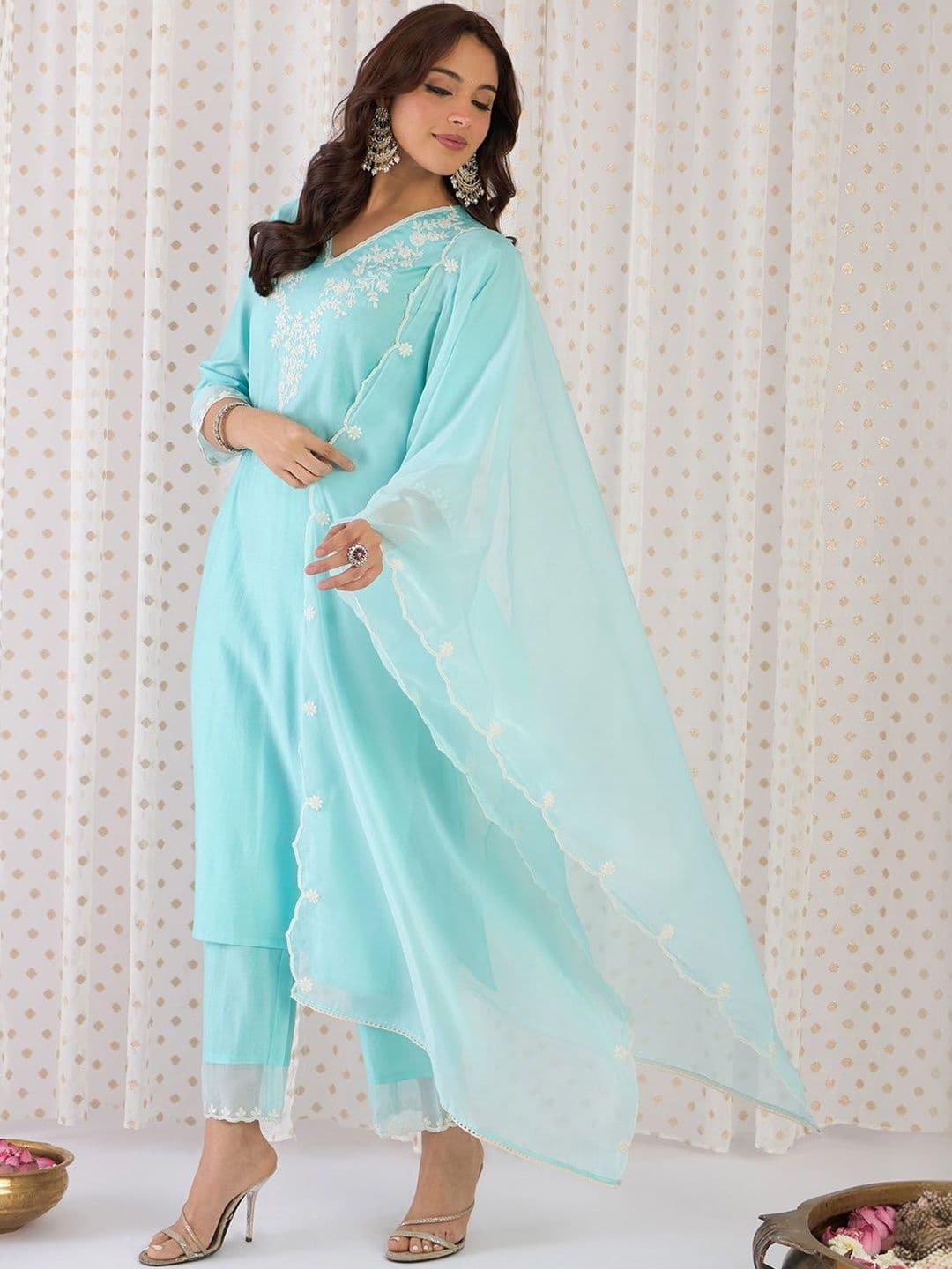 Indo Era Women Ethnic Motifs Embroidered Regular Thread Work Liva Kurta with Trousers & With Dupatta - view 1