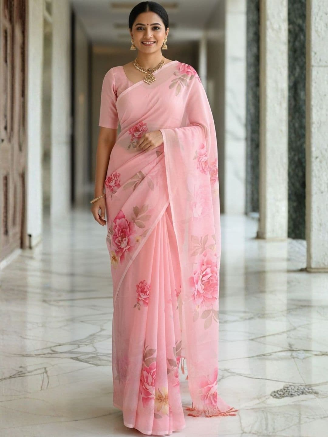 ZAMUNA Floral Pure Georgette Bhagalpuri Saree - view 1