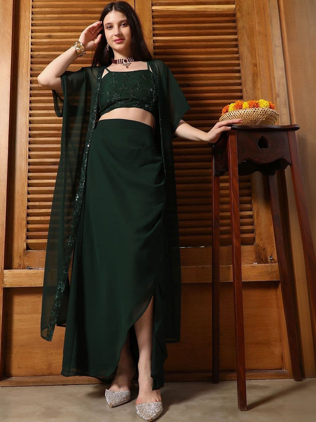 QISSA Floral Green Embroidered Crop Top With Skirt & Cape Co-Ords - view 1
