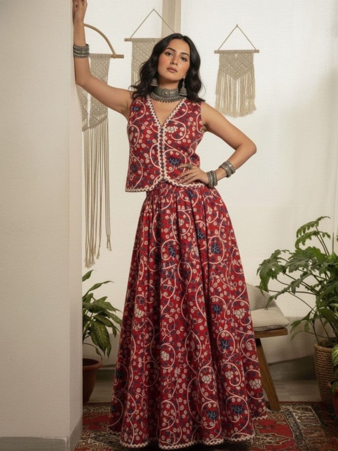 WineRed Printed Pure Cotton V-Neck Waistcoat With Skirt Co-Ords - view 1