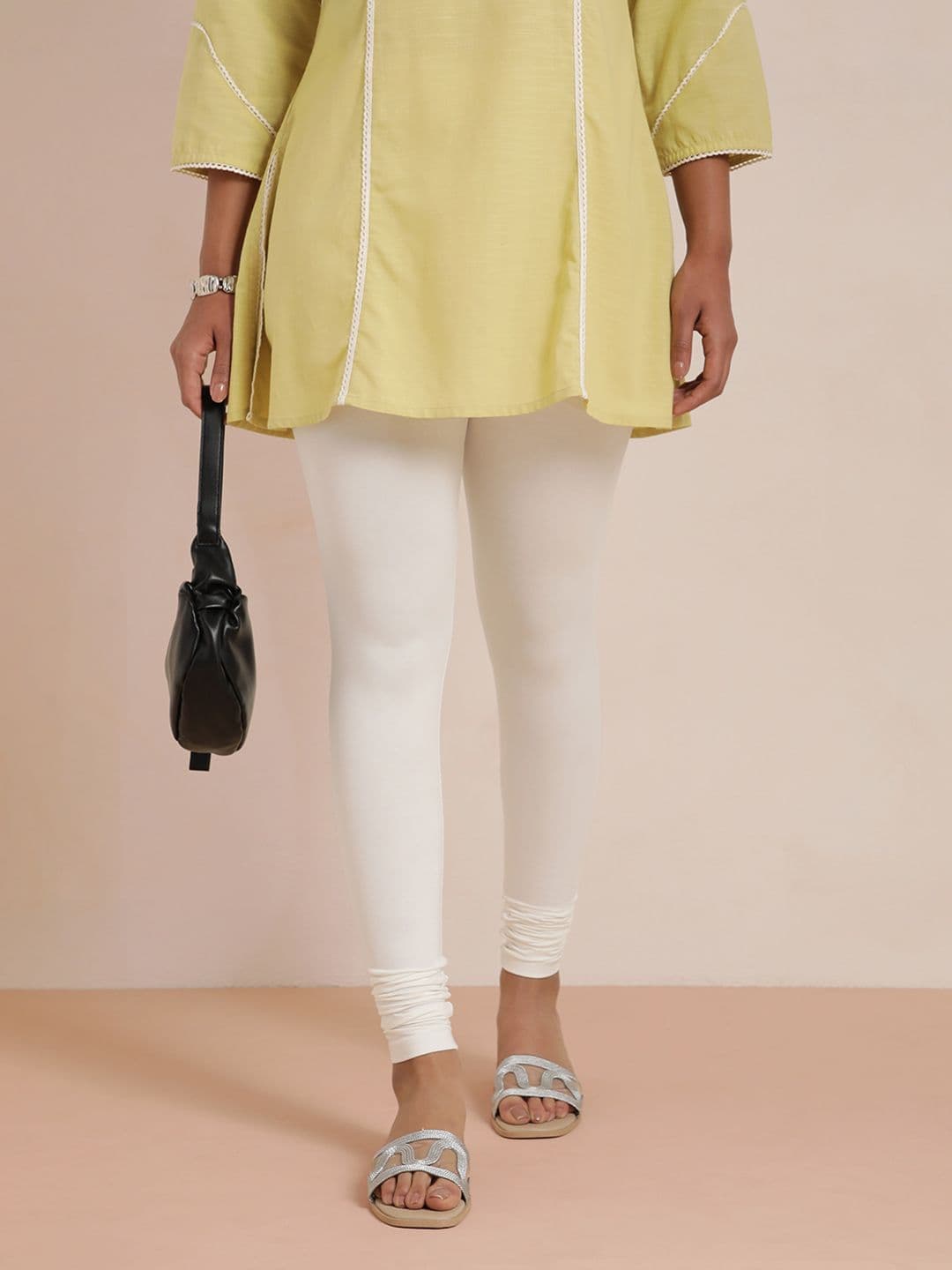 TWIN BIRDS Women Cream-Coloured Solid Churidar-Length Leggings - view 1
