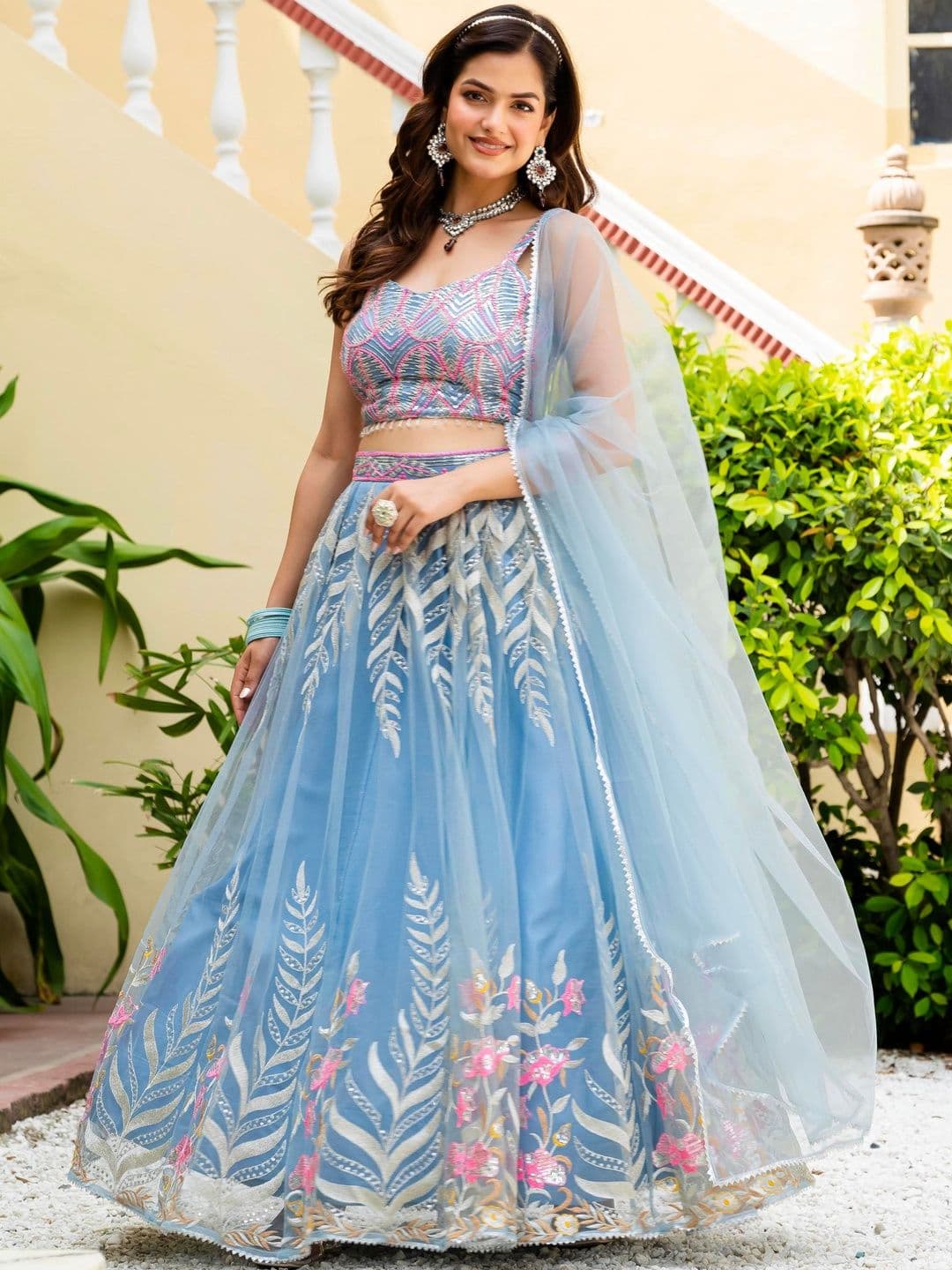 JIHU CULTURE Embroidered Sequinned Semi-Stitched Lehenga & Blouse With Dupatta - view 1
