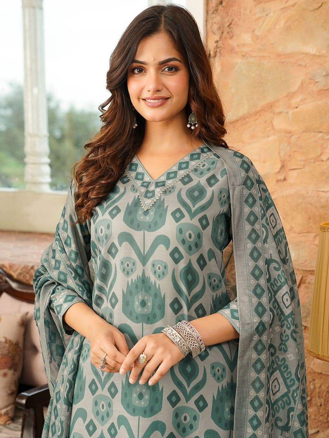 KALINI Ethnic Motifs Printed V-Neck Straight Kurta With Trousers & Dupatta - view 1