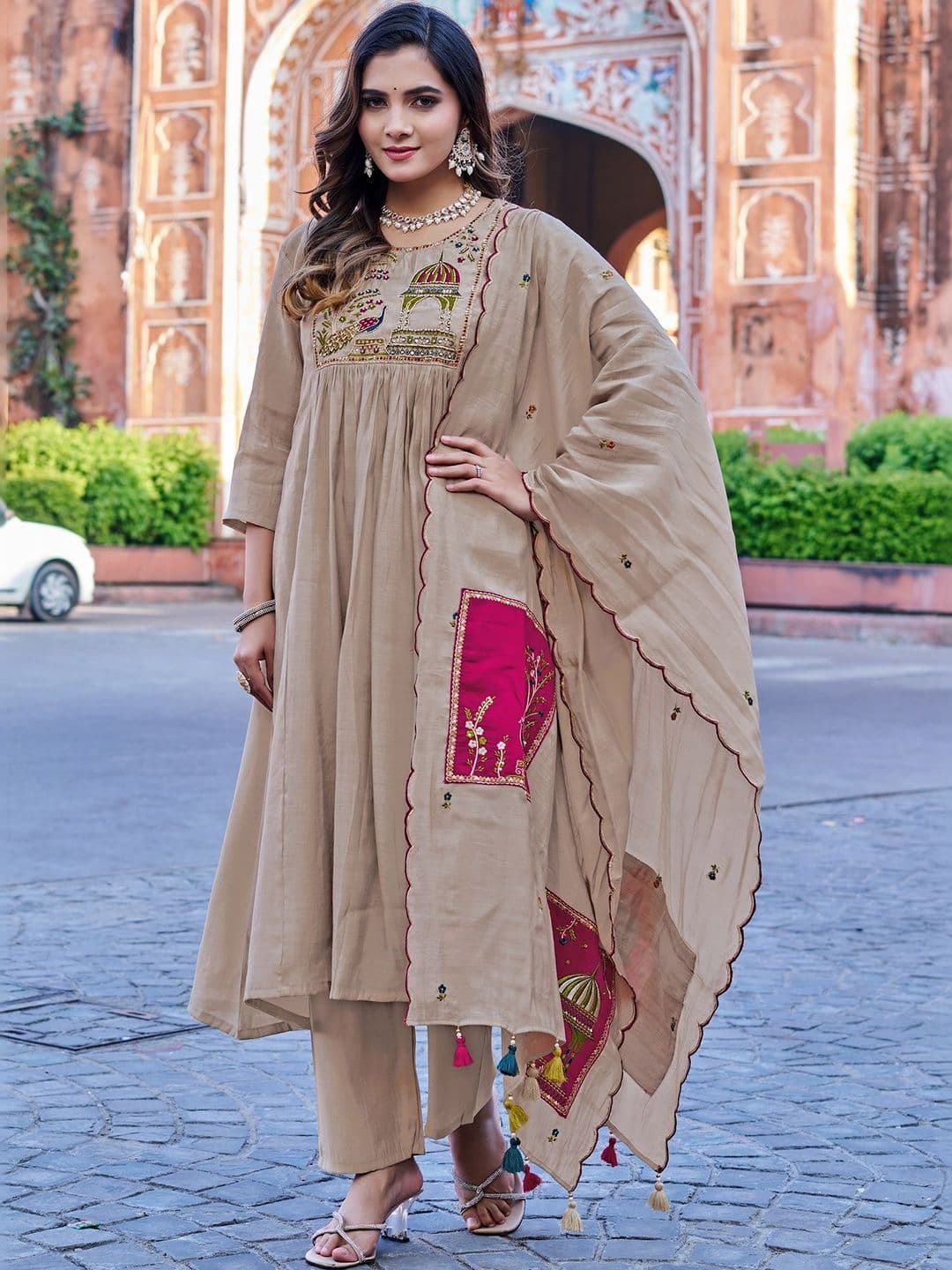MITTOO Women Ethnic Motifs Embroidered Empire Thread Work Chanderi Cotton Kurta with Trousers & With Dupatta - view 1