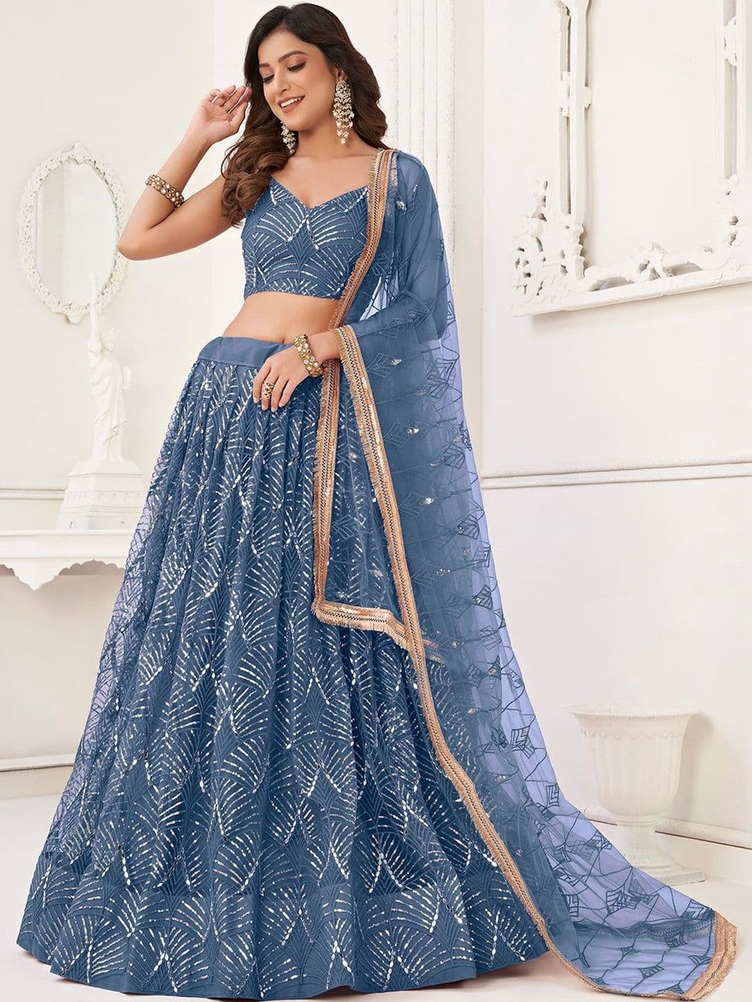 DREAM EXPORTER Blue Net Mirror Embroidery Wedding Party Wear Semi Stiched Lehenga Choli - view 1
