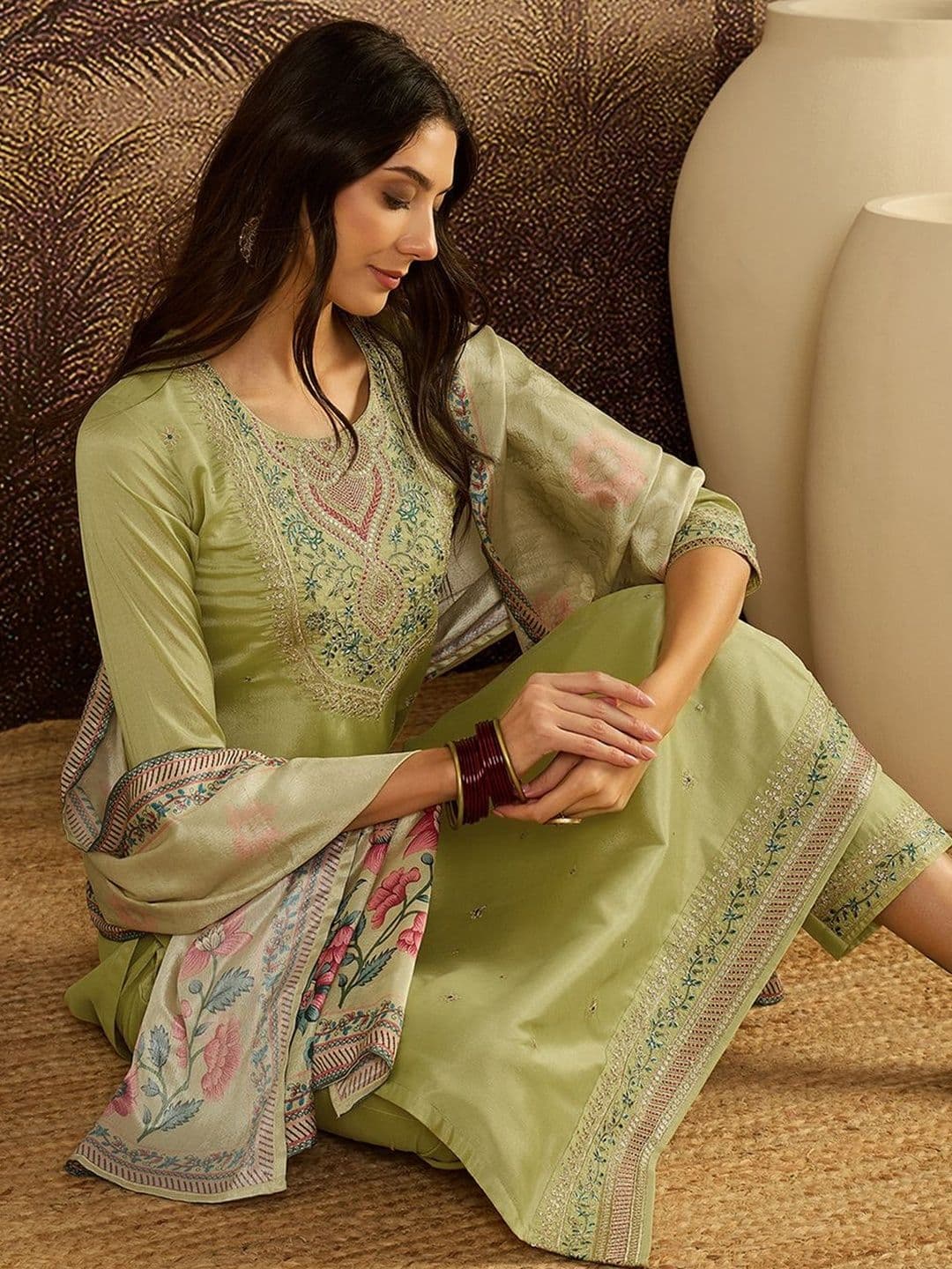 Sangria Embroidered Round Neck Kurta & Trousers With Dupatta - view 1