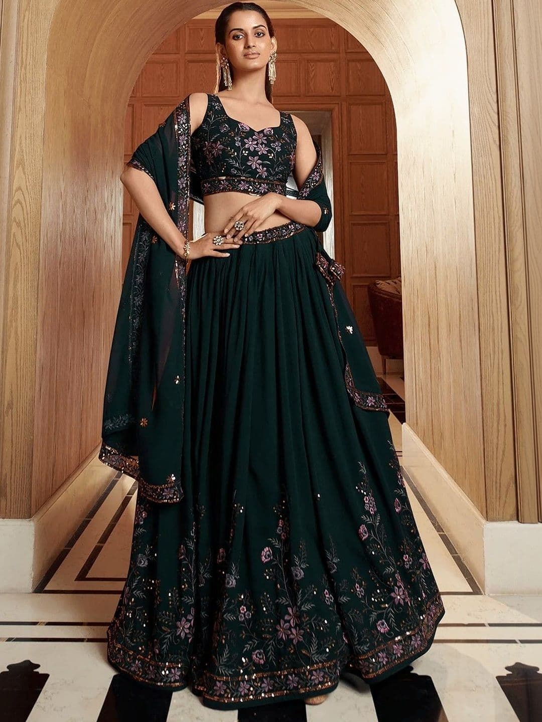 DREAM EXPORTER Green Thread Sequence Floral Embroidery Semi Stitched Lehenga Choli - view 1