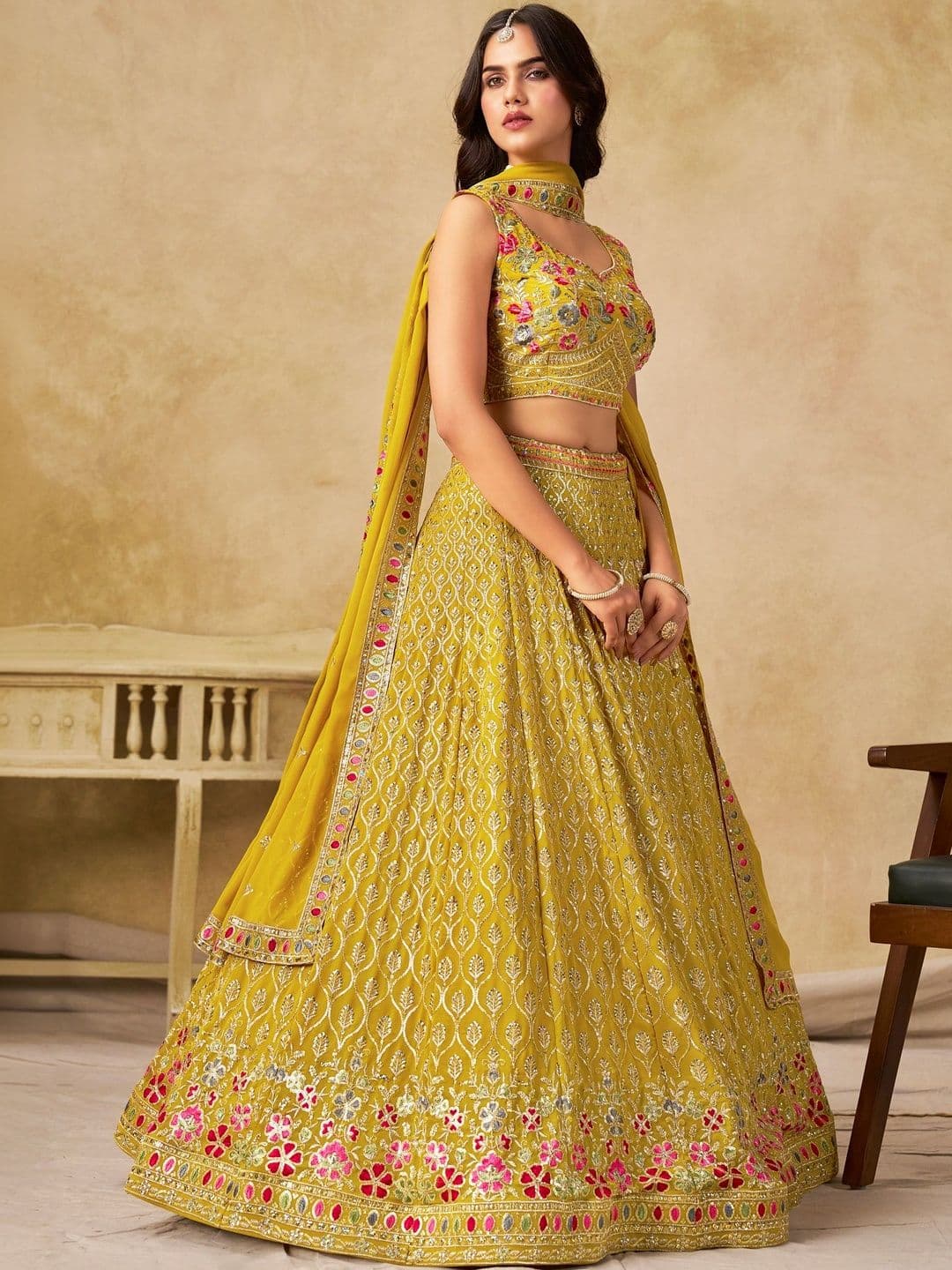 ETHNIC PLUS Women Yellow Embroidered Sequinned Semi-Stitched Lehenga & Blouse With Dupatta - view 1