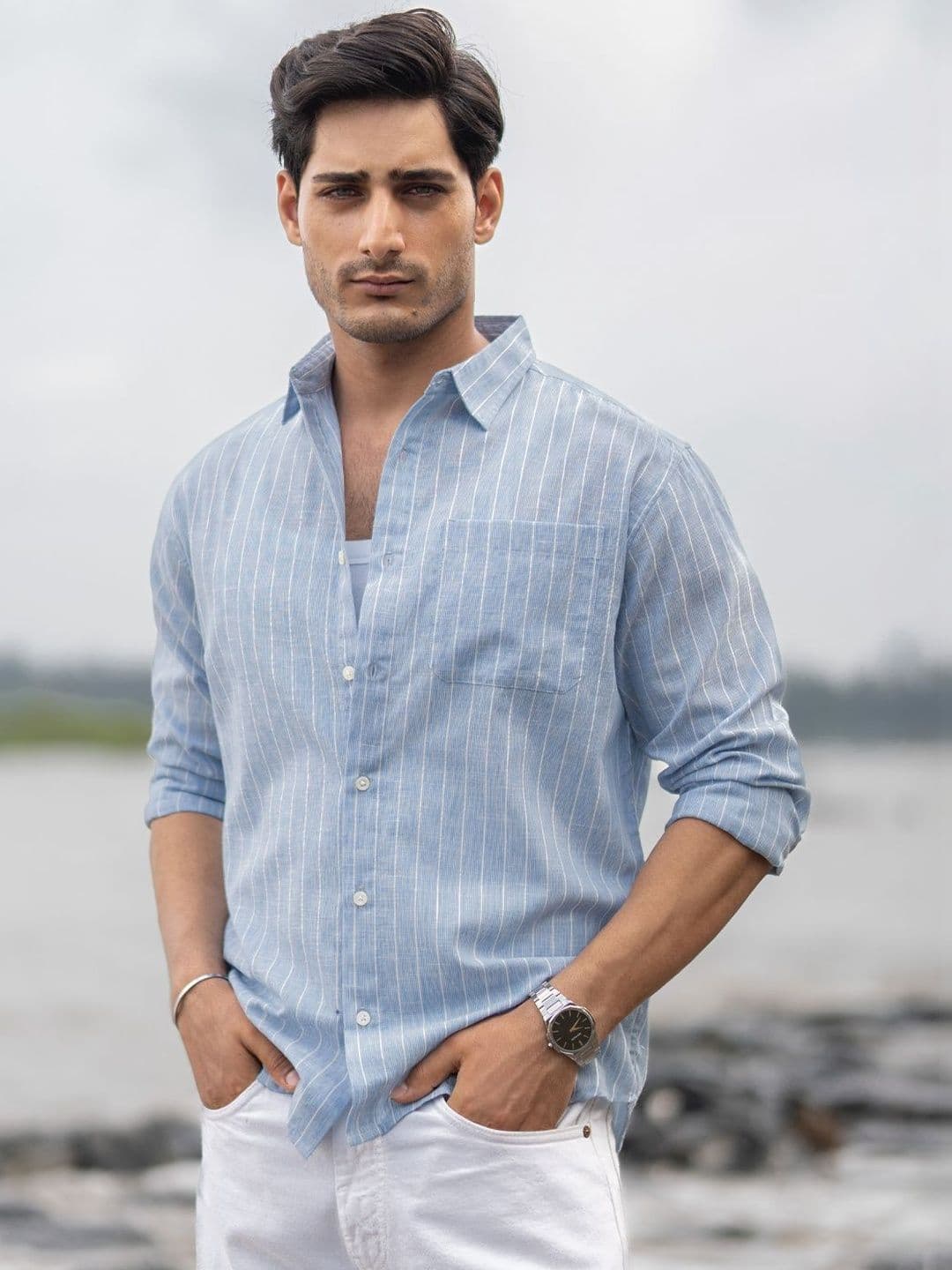 Powerlook Cotton Stripe Tartan Checks Polyester Long Sleeves Shirt - view 1