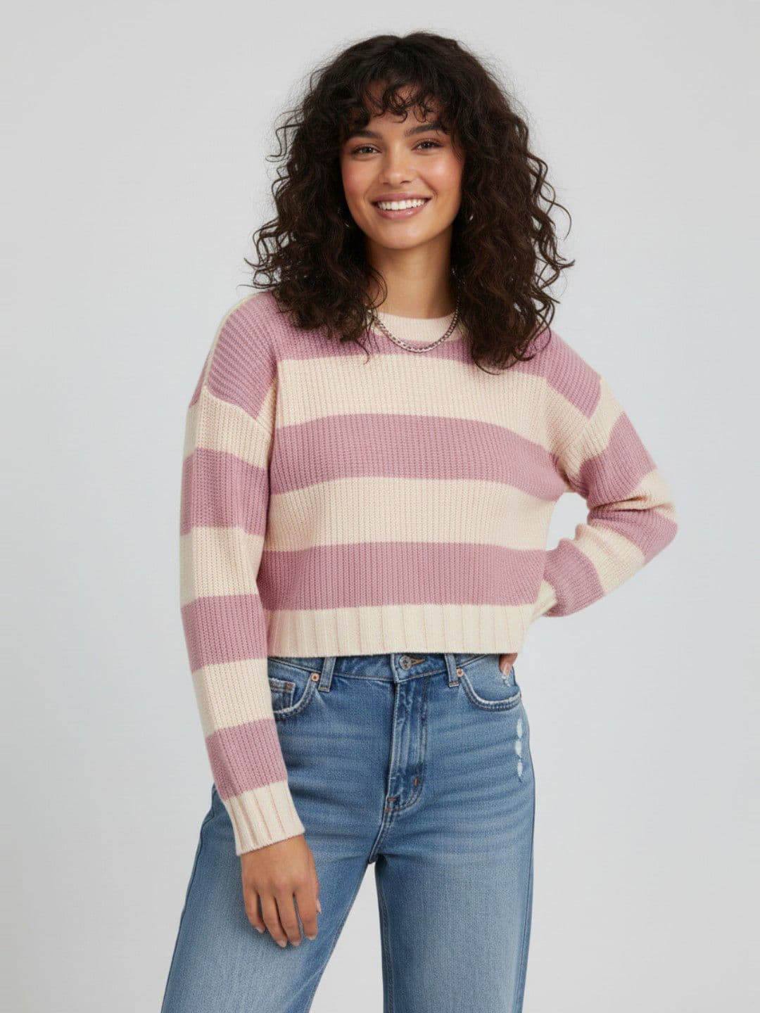 glitchez Horizontally Self-Striped Drop-Sleeves Crop Boxy Fit Acrylic Pullover - view 1
