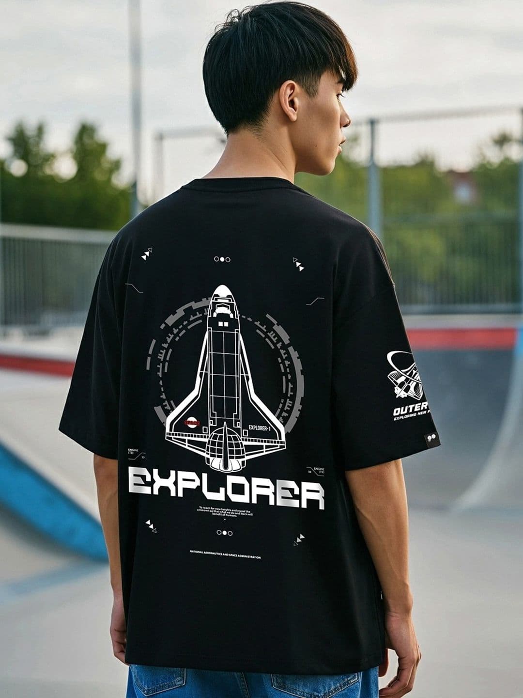 Bewakoof Black Graphic NASA Printed Cotton Oversized T-Shirt - view 1
