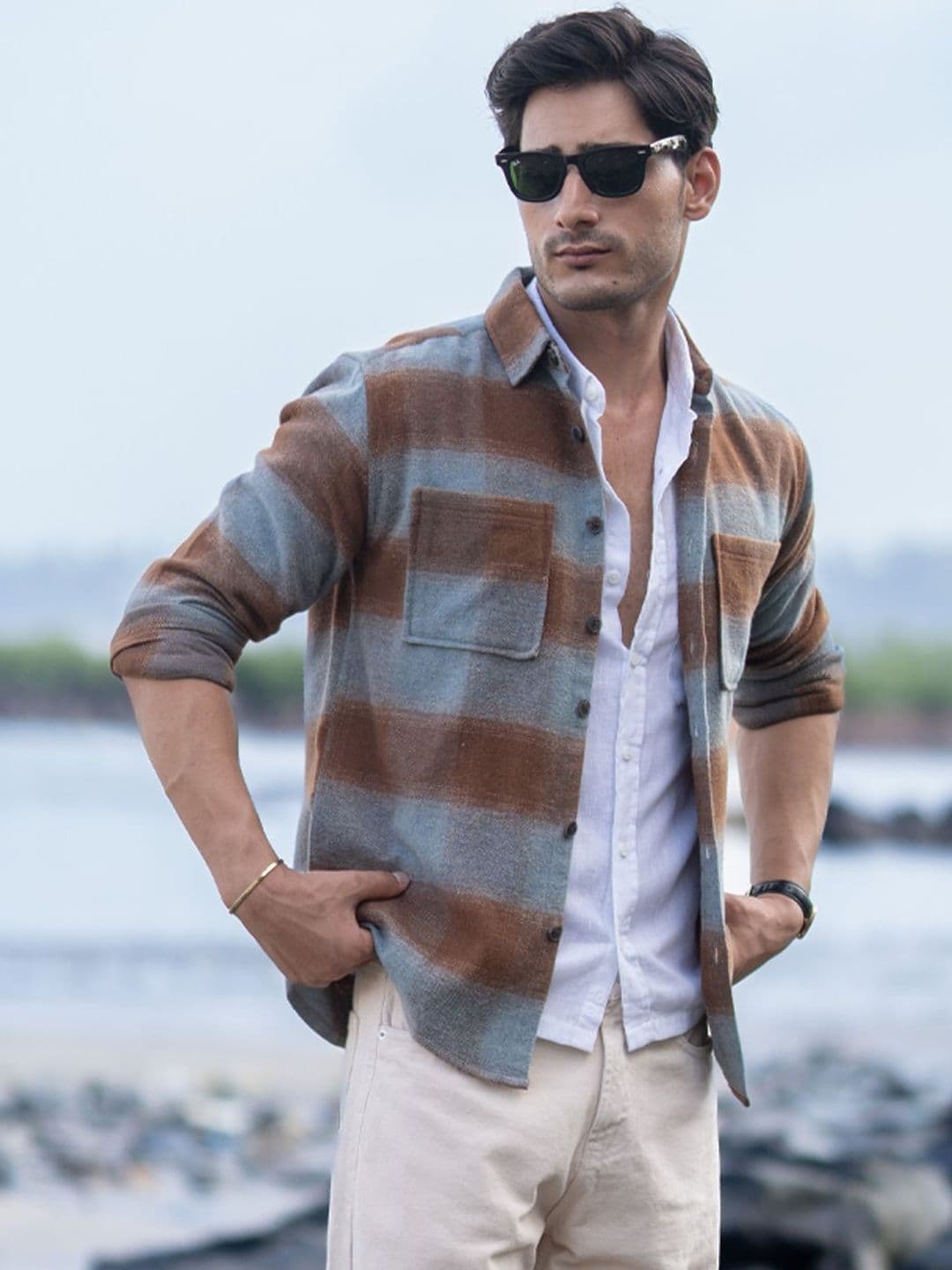 Powerlook Brushed Checks Horizontal Stripes Cotton Long Sleeves Shirt - view 1
