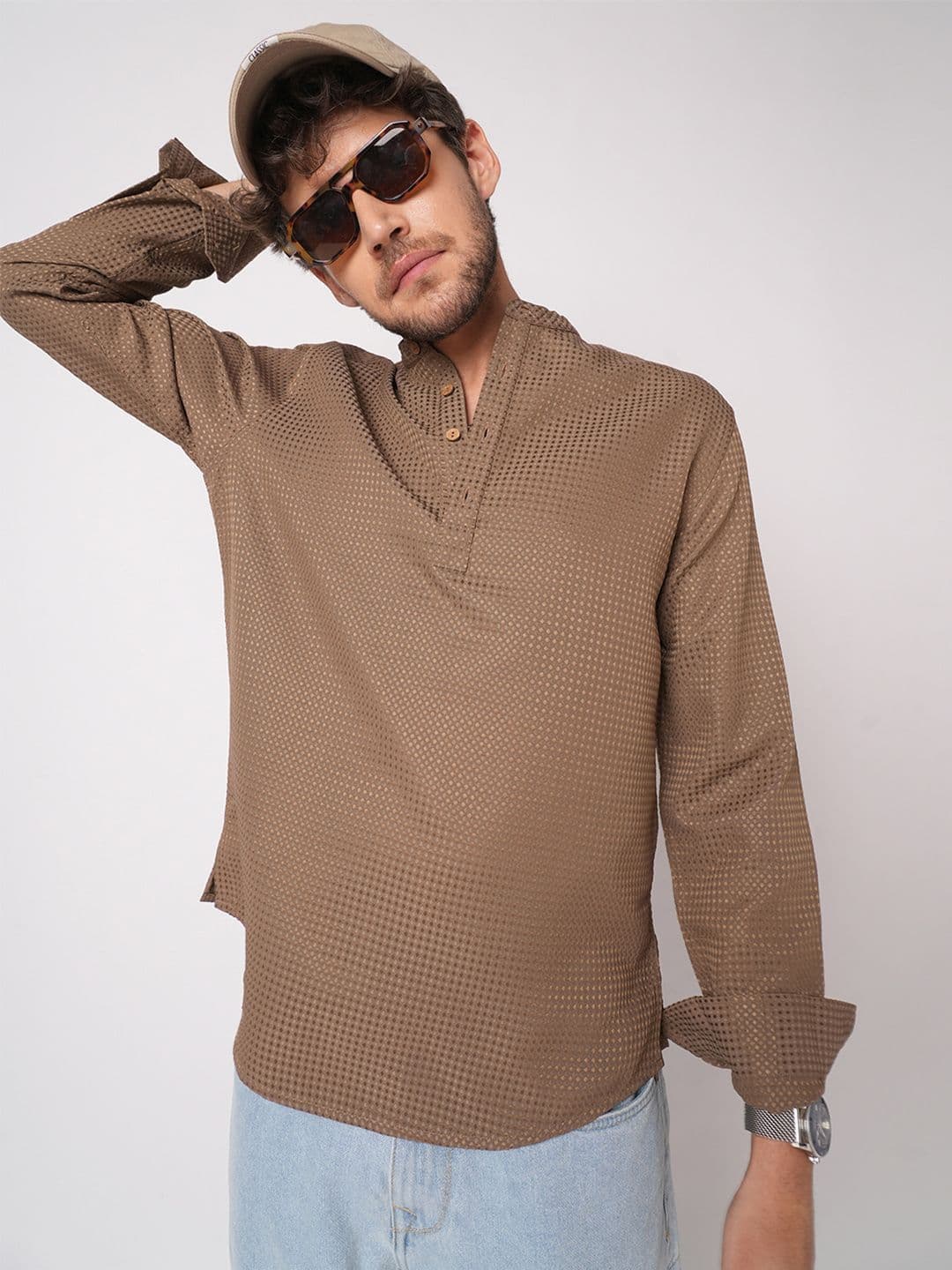VASTRADO Brown Dot Embossed Self Design Band Collar Straight Kurta - view 1