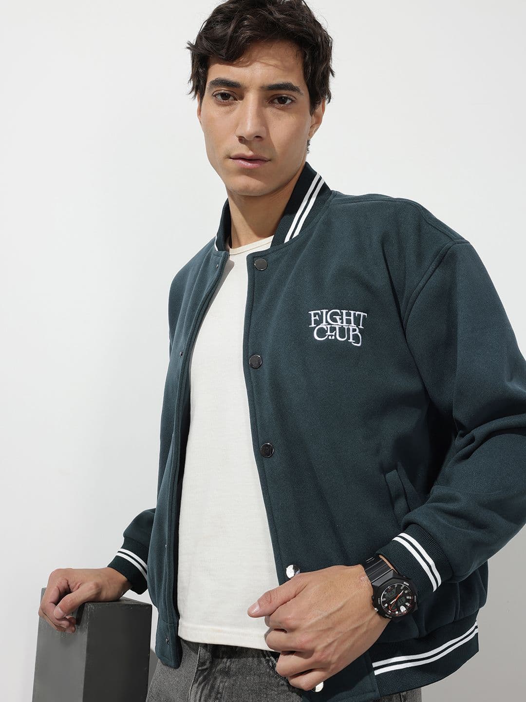 The Roadster Life Co. Typography Embroidered Mock Collar Varsity Jacket - view 1
