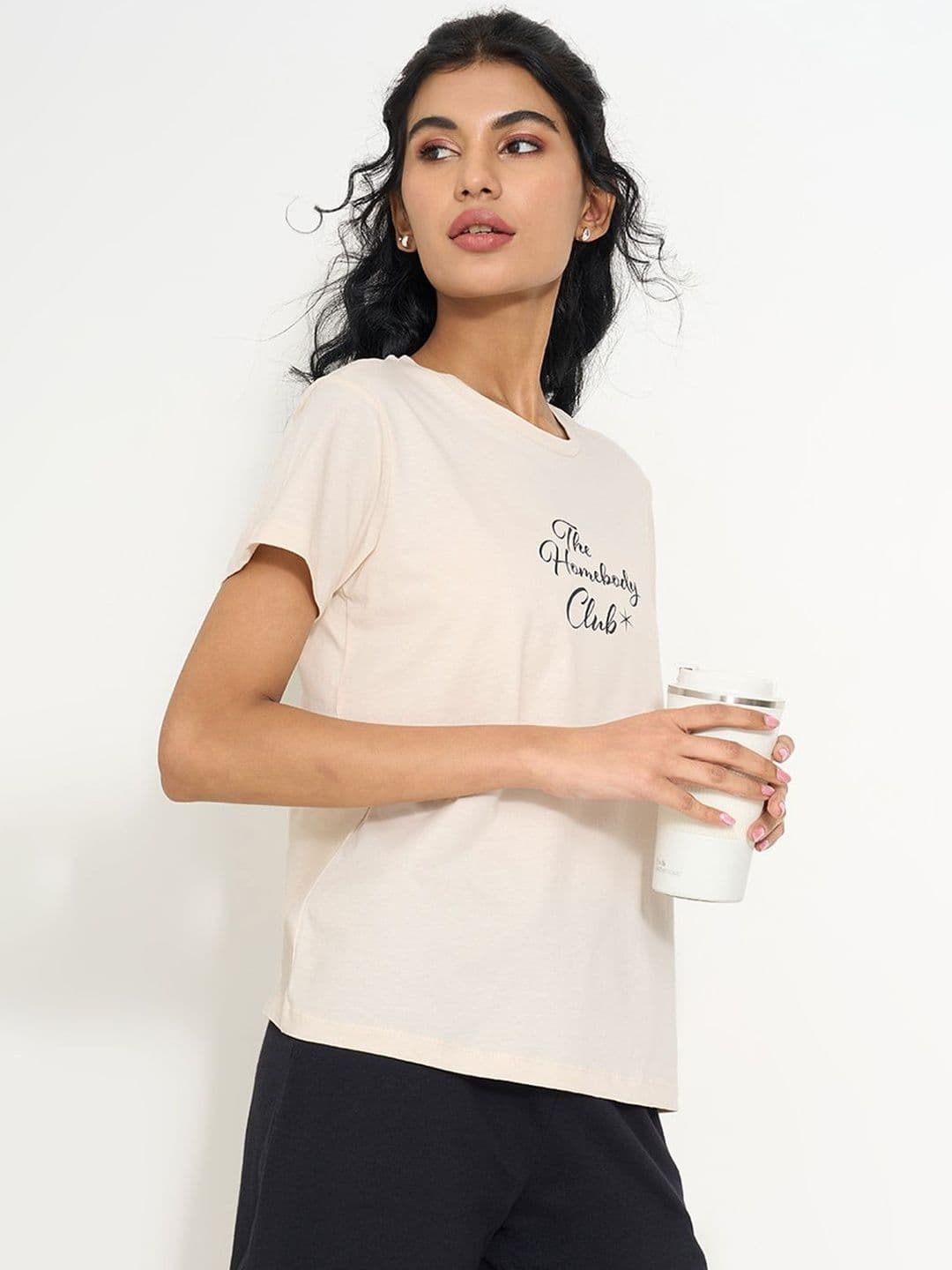 Dreamz by Pantaloons Women Printed Cotton Round Neck Lounge Tshirts - view 1