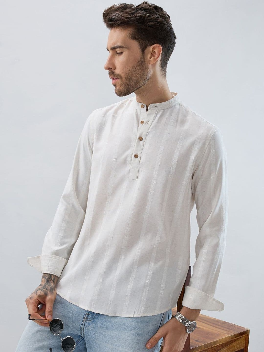 VASTRADO Thread Work Refined Striped Cotton Straight Above Knee Kurta - view 1