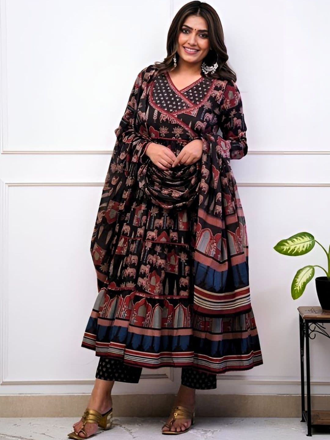 Lali Creation Women Ethnic Motifs Printed Angrakha Kurta with Trousers & With Dupatta - view 1