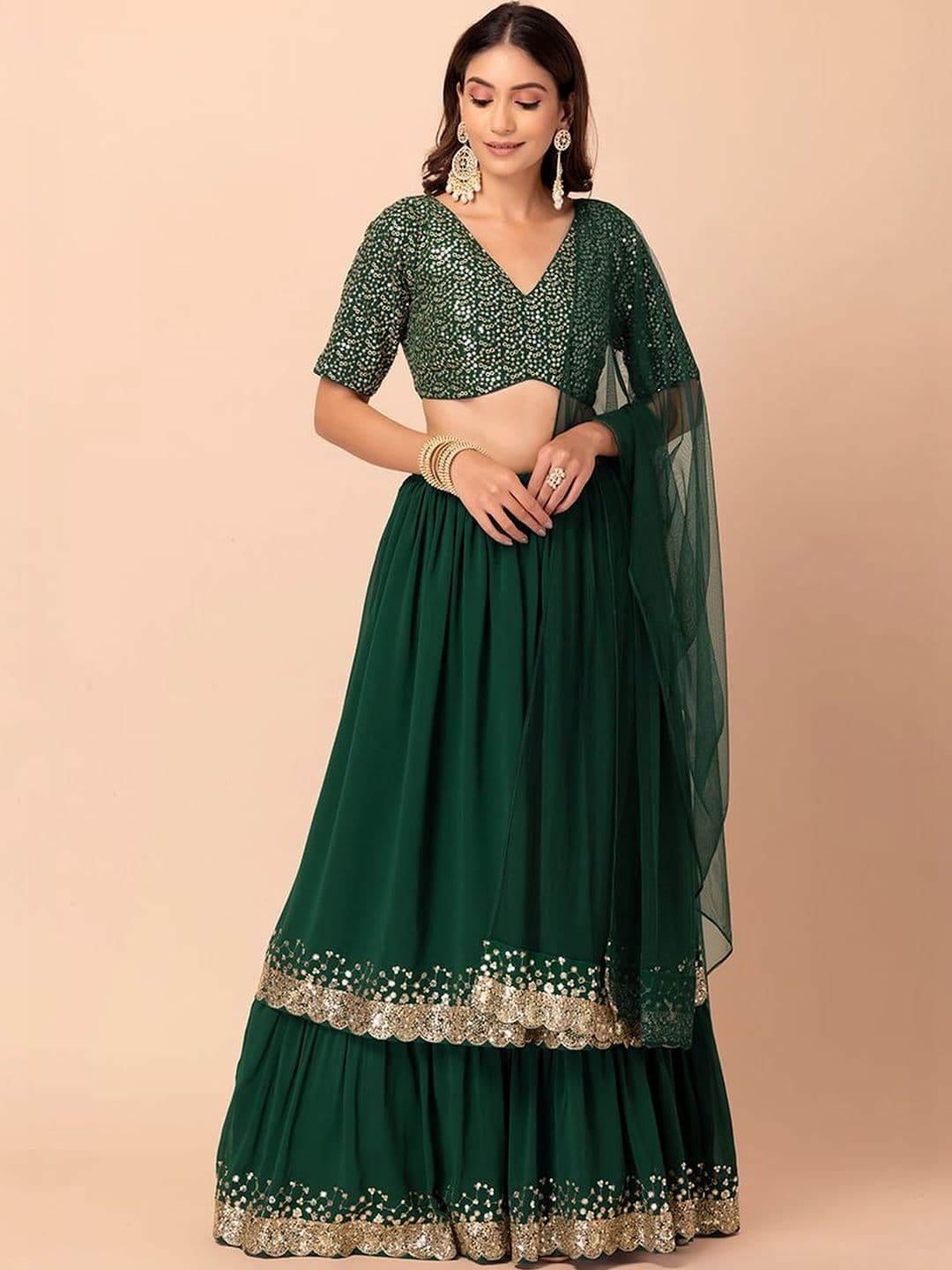 JIHU CULTURE Embellished Sequinned Semi-Stitched Lehenga & Blouse With Dupatta - view 1