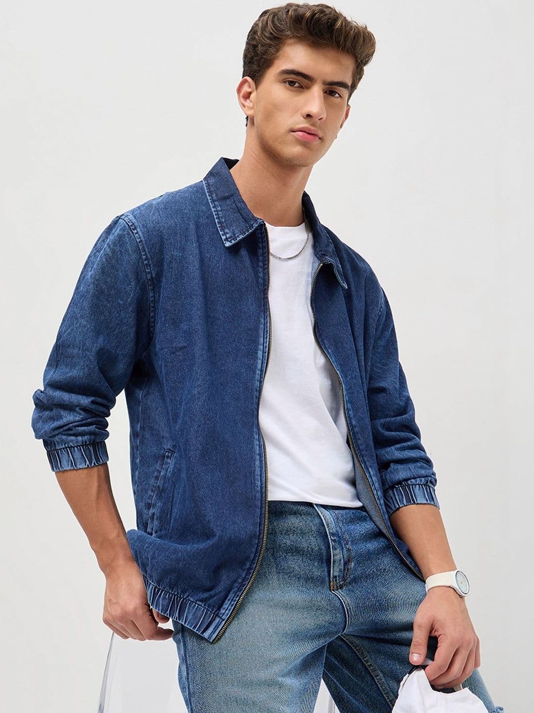 Urbano Fashion Men's Blue Relaxed Fit Full Sleeve Harrington Denim Jacket