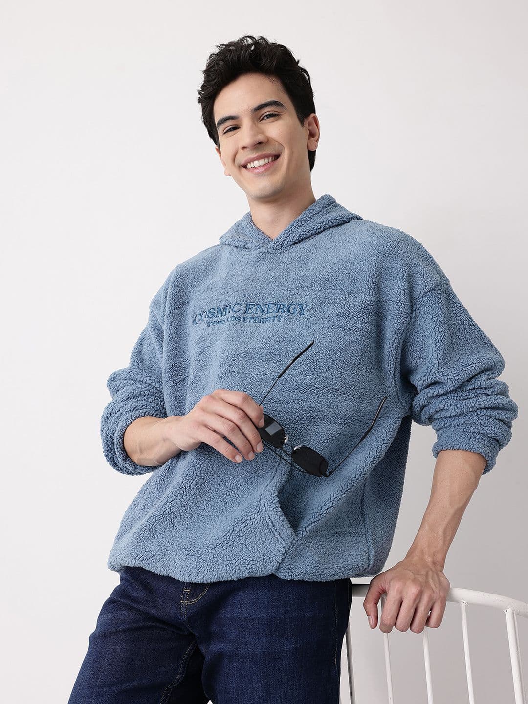 Mast & Harbour Embroidered Typography Detail Hooded Sherpa Sweatshirt - view 1