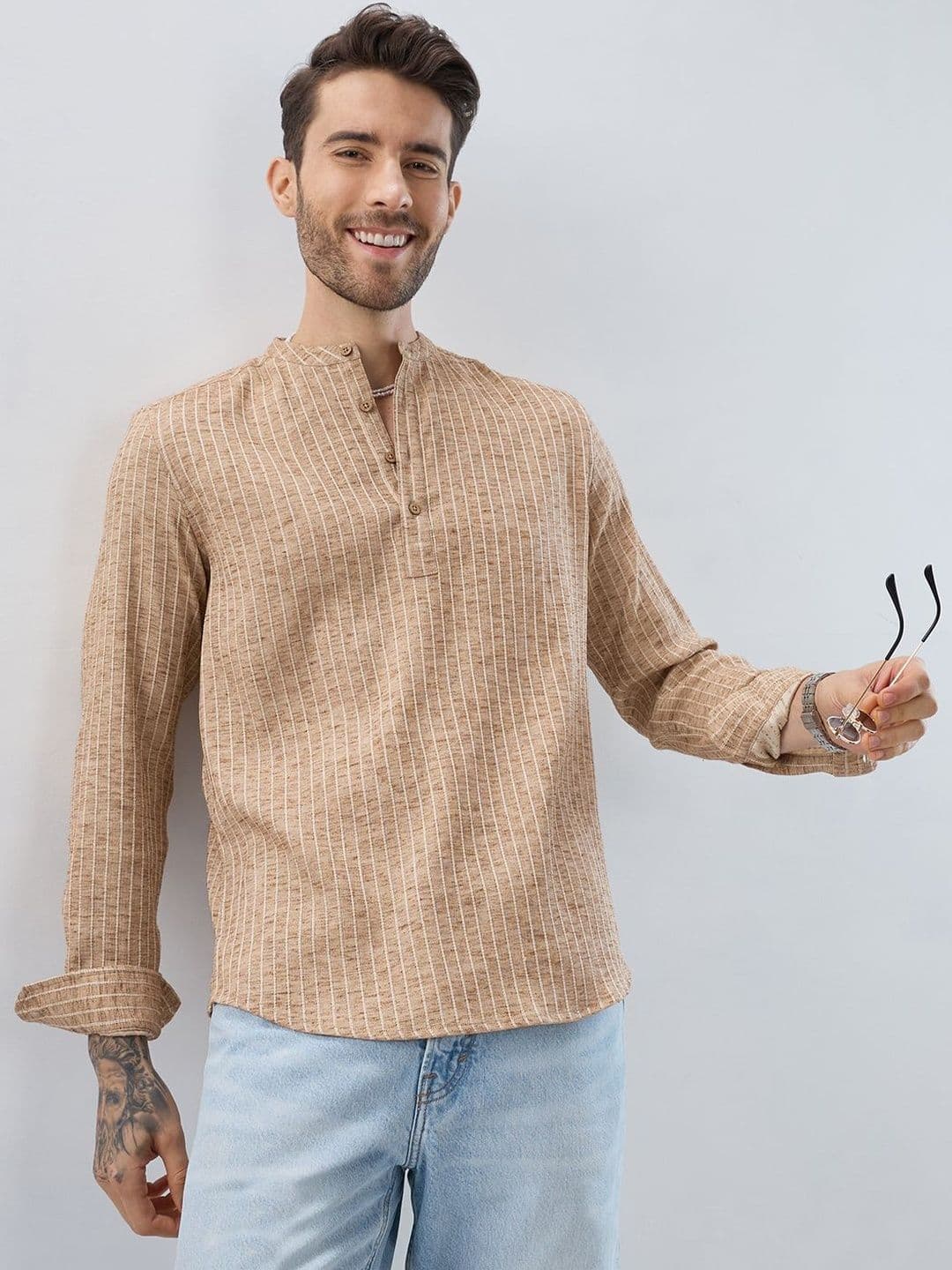 VASTRADO Thread Work Textured Striped Polyester Straight Above Knee Kurta - view 1
