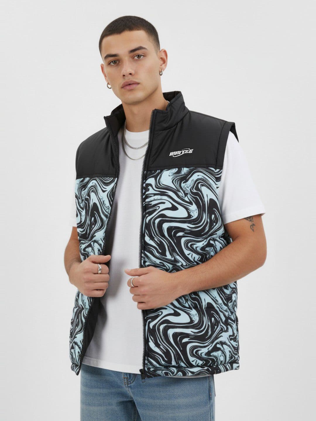 glitchez Abstract Print Mock Collar Puffer Bomber Jacket - view 1