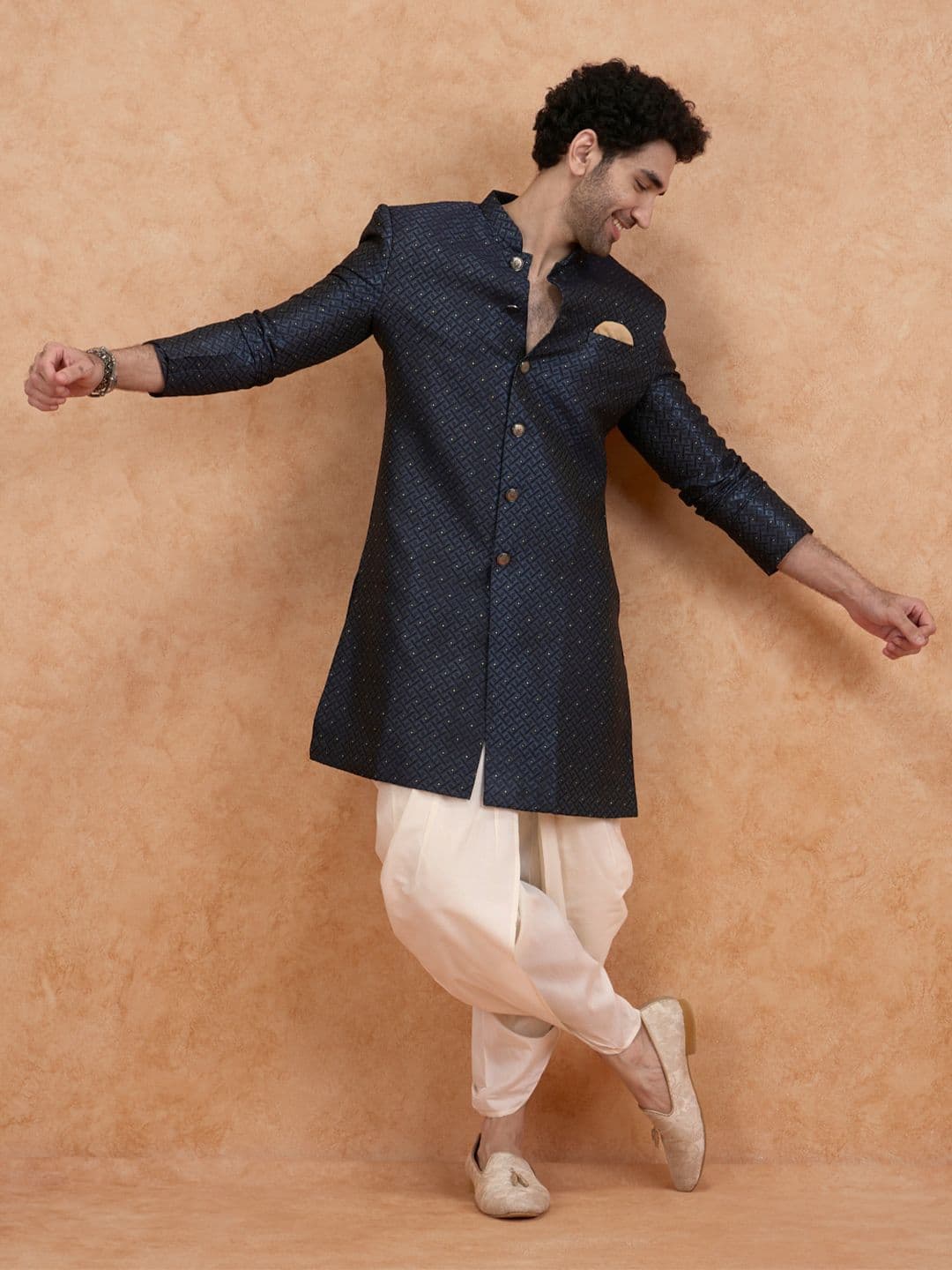 KISAH Men Self-Design Cotton Indowestern Sherwani Dhoti Set