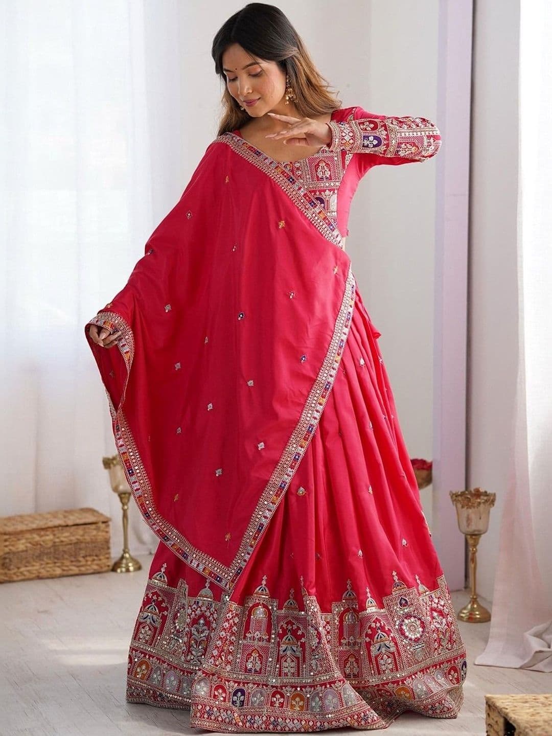 Cute fellow Embroidered Mirror Work Semi-Stitched Lehenga & Blouse With Dupatta - view 1