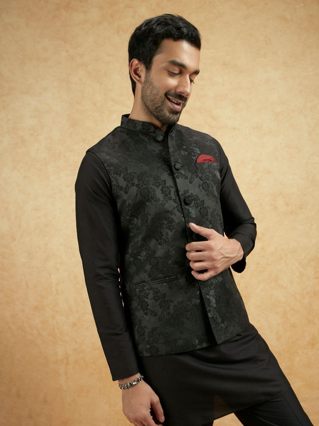 KISAH Men Woven Design Nehru Jacket With Pocket Square - view 1