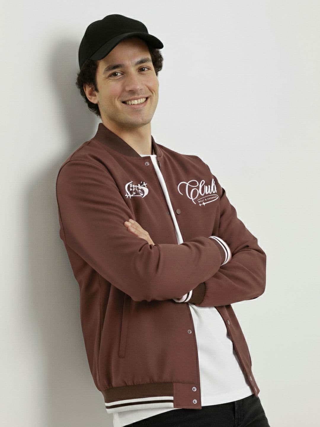 Mast & Harbour Suede Finish Embroidered Varsity Jacket