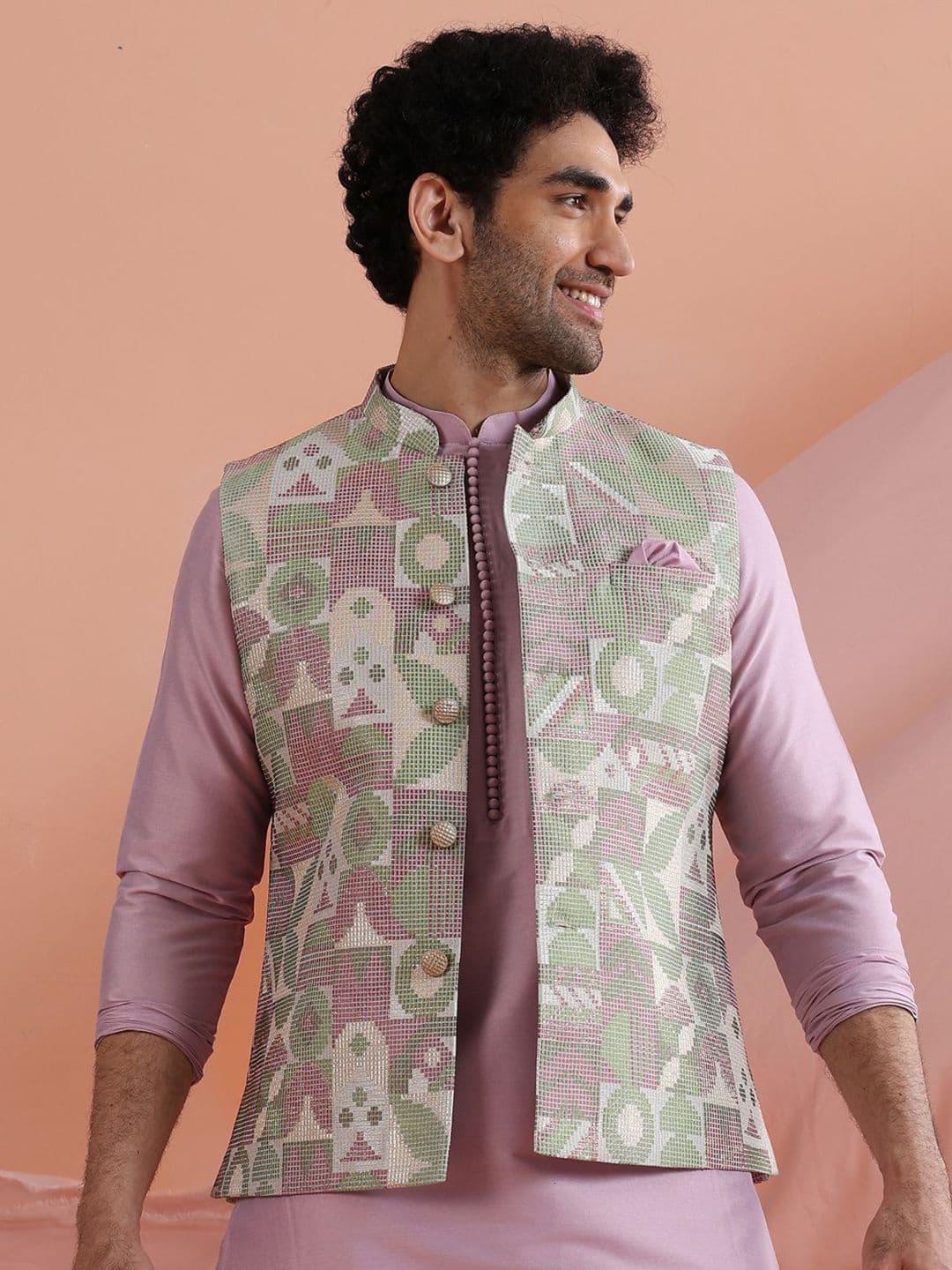 KISAH Men Geometric Woven Design Mandarin Collar Nehru Jacket - view 1
