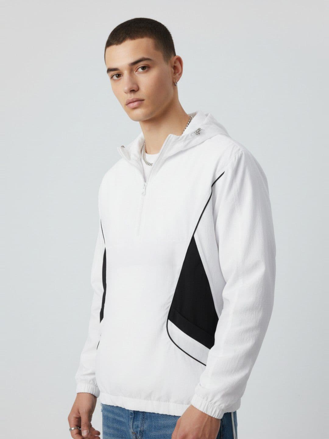 glitchez Hooded Half Zipper Windcheater Relaxed Fit Bomber Jacket with Contrast Piping - view 1