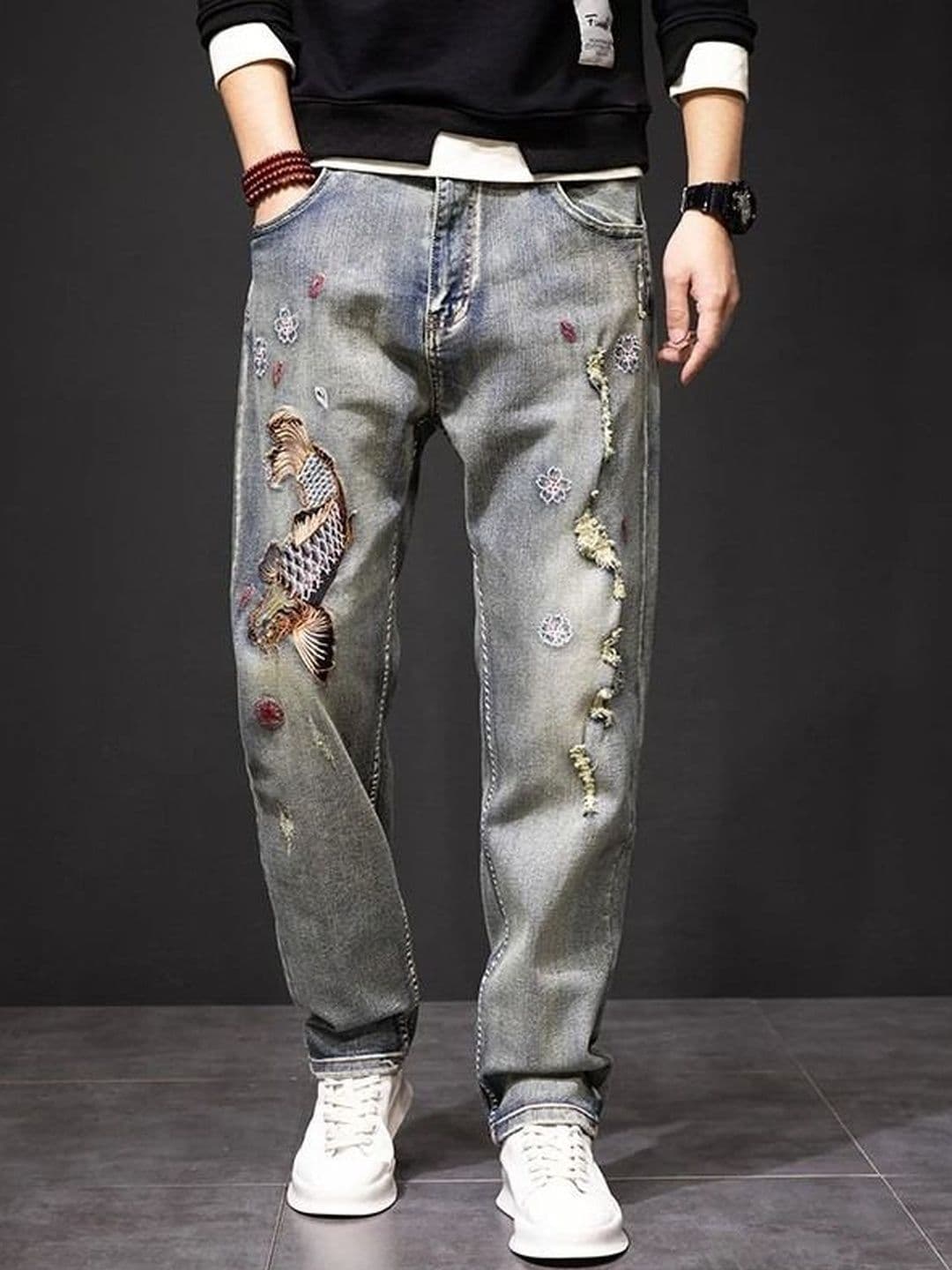 StyleCast x Revolte Men Relaxed Fit Mid-Rise Light Fade Applique Jeans - view 1