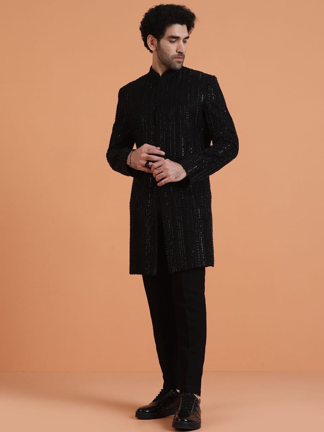 KISAH Men Black Silk Blend Sequin Embroidered Sherwani