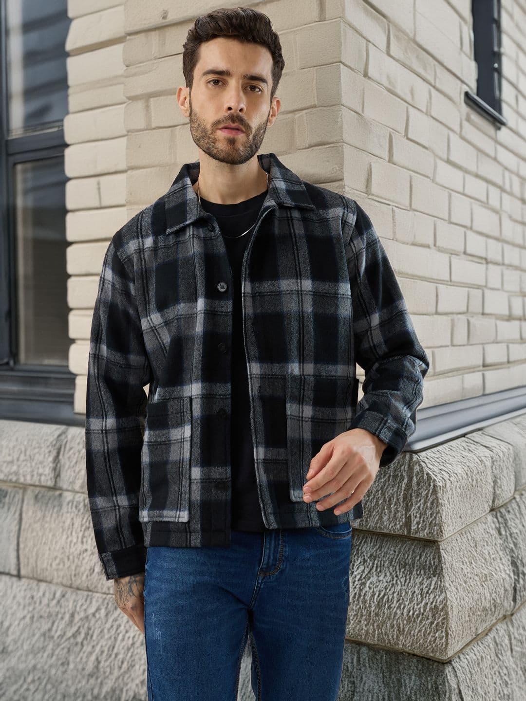 Status Quo Men Checked Lightweight Open Front Jacket - view 1