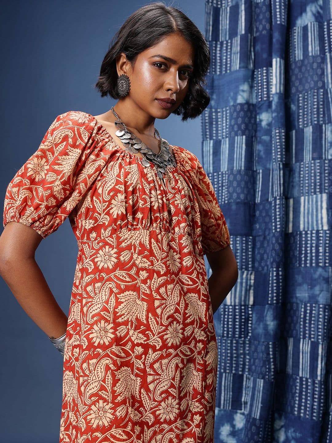 Taavi Indie Floral Printed Raglan Puff Sleeves Gathers A-Line Bagru Crafted Ethnic Dress - view 1