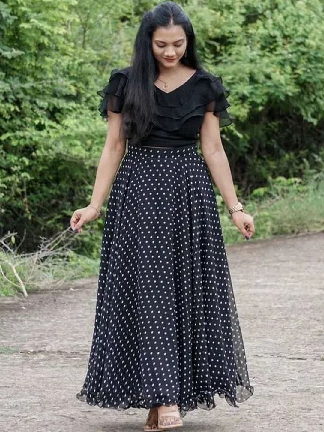 SHYAM SUNDARI Polka Dot Print Flared Sleeve Ruffled A-Line Maxi Dress - view 1