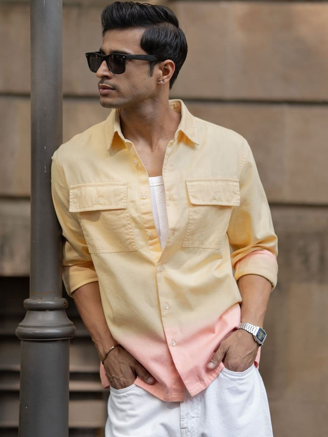 Powerlook Ombre Structured Printed Cotton Long Sleeves Shirt - view 1